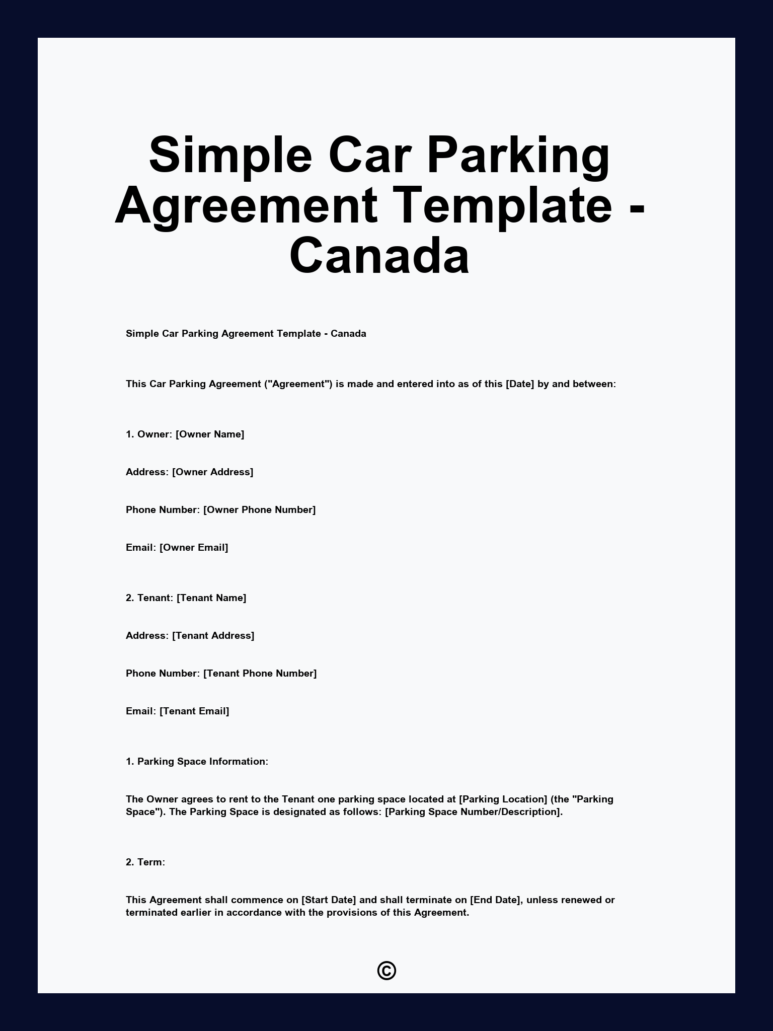 Simple Car Parking Agreement Template - Canada