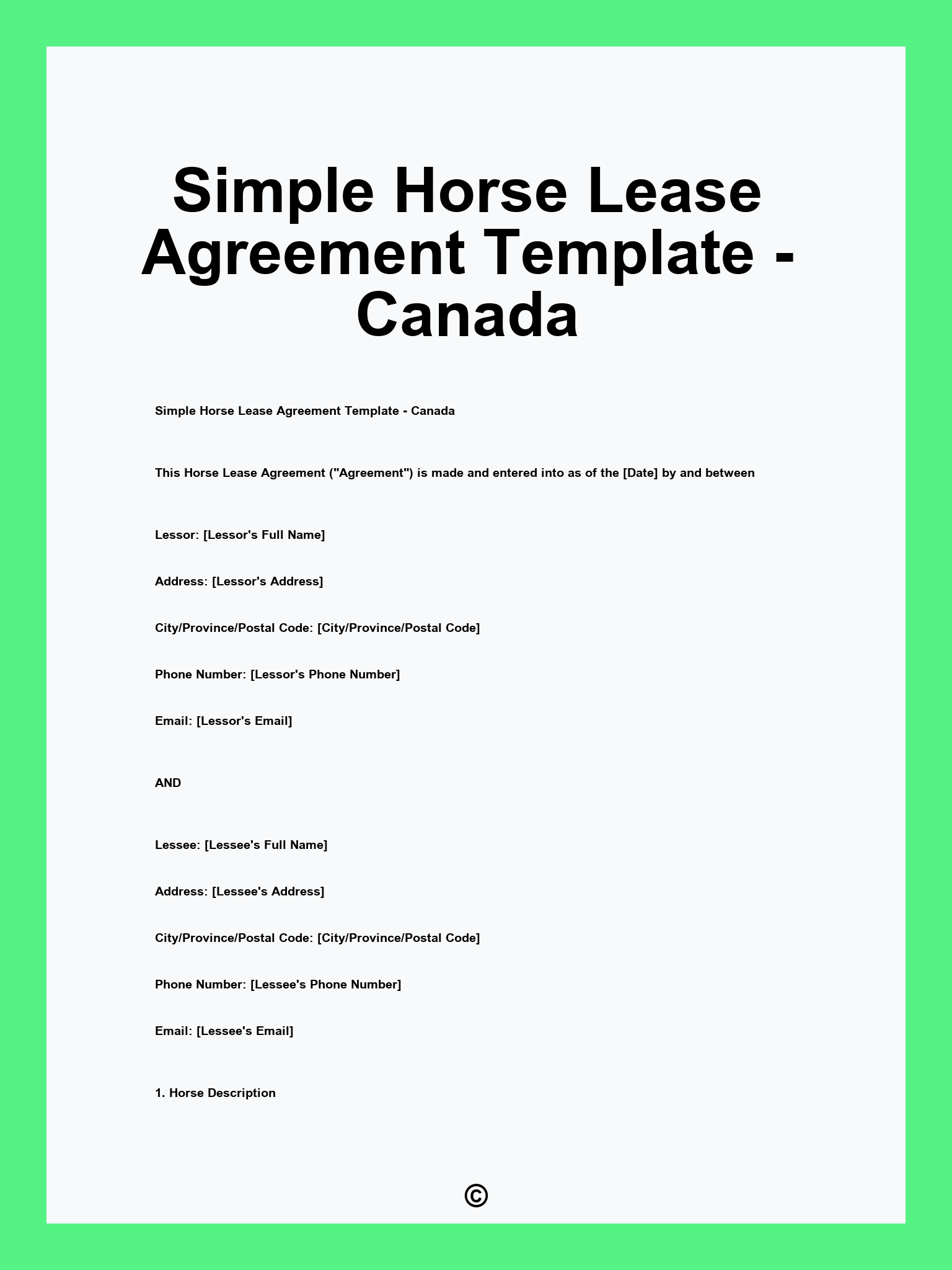 Simple Horse Lease Agreement Template - Canada