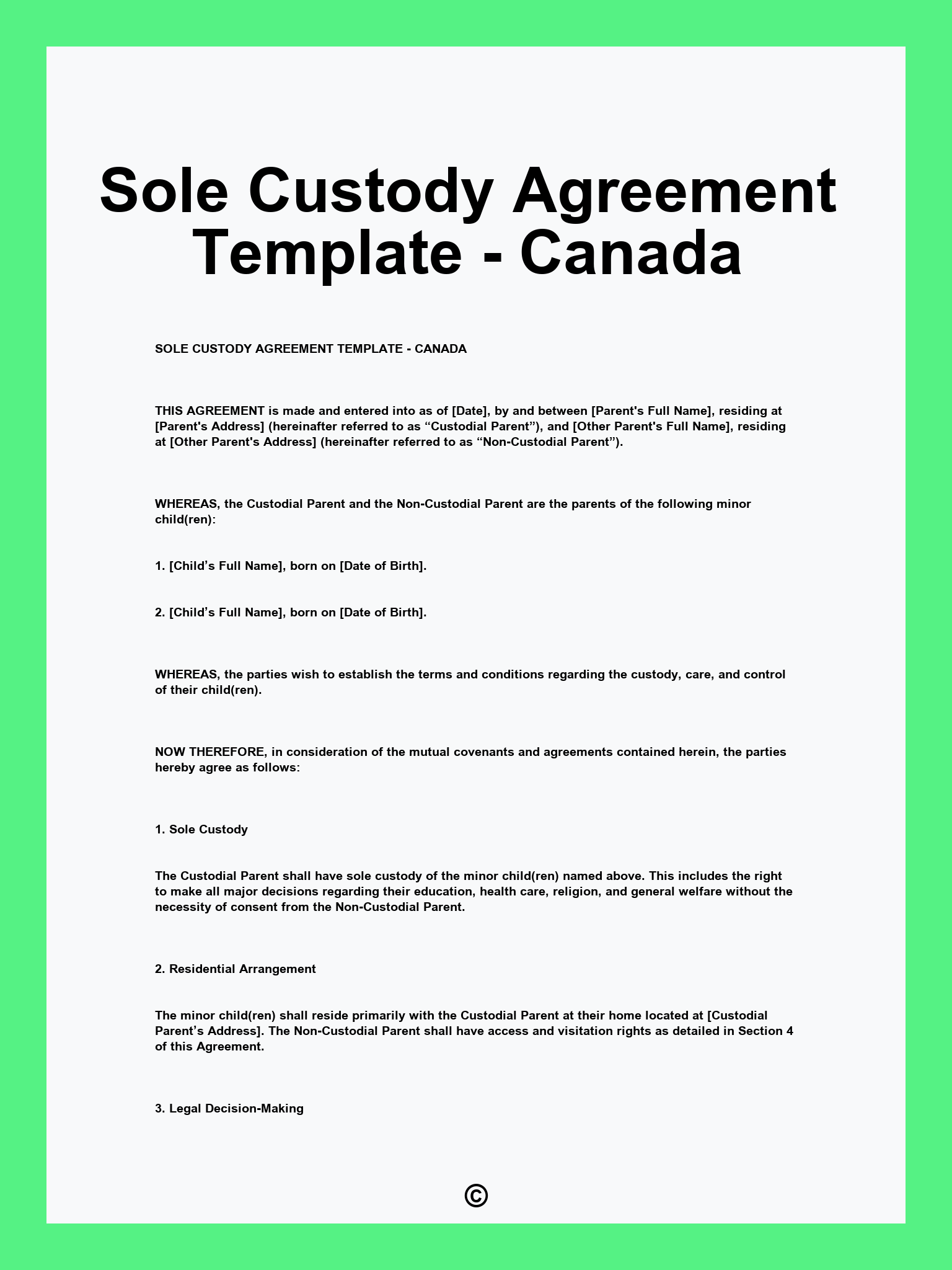 Sole Custody Agreement Template - Canada