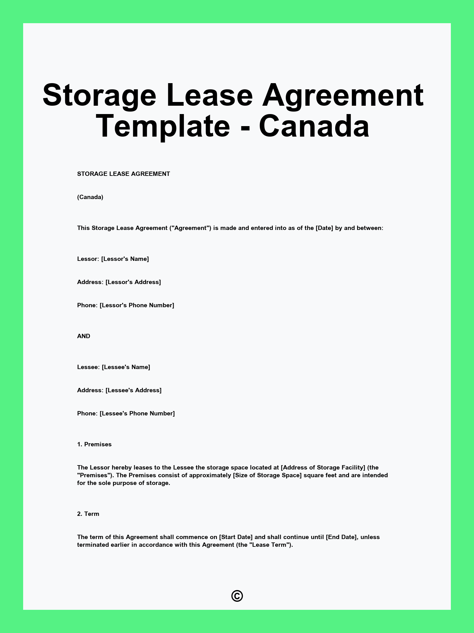 Storage Lease Agreement Template - Canada