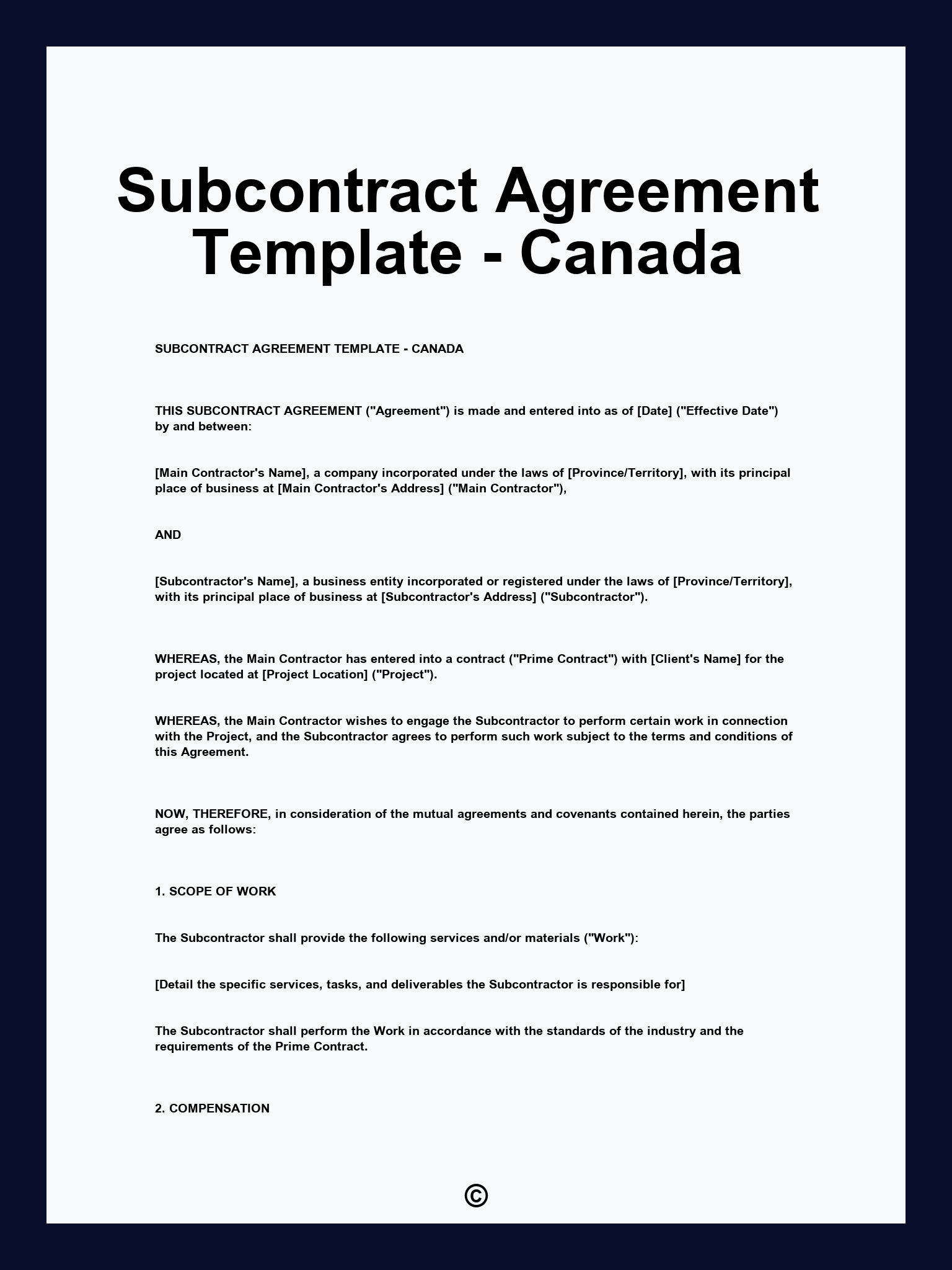 Subcontract Agreement Template - Canada