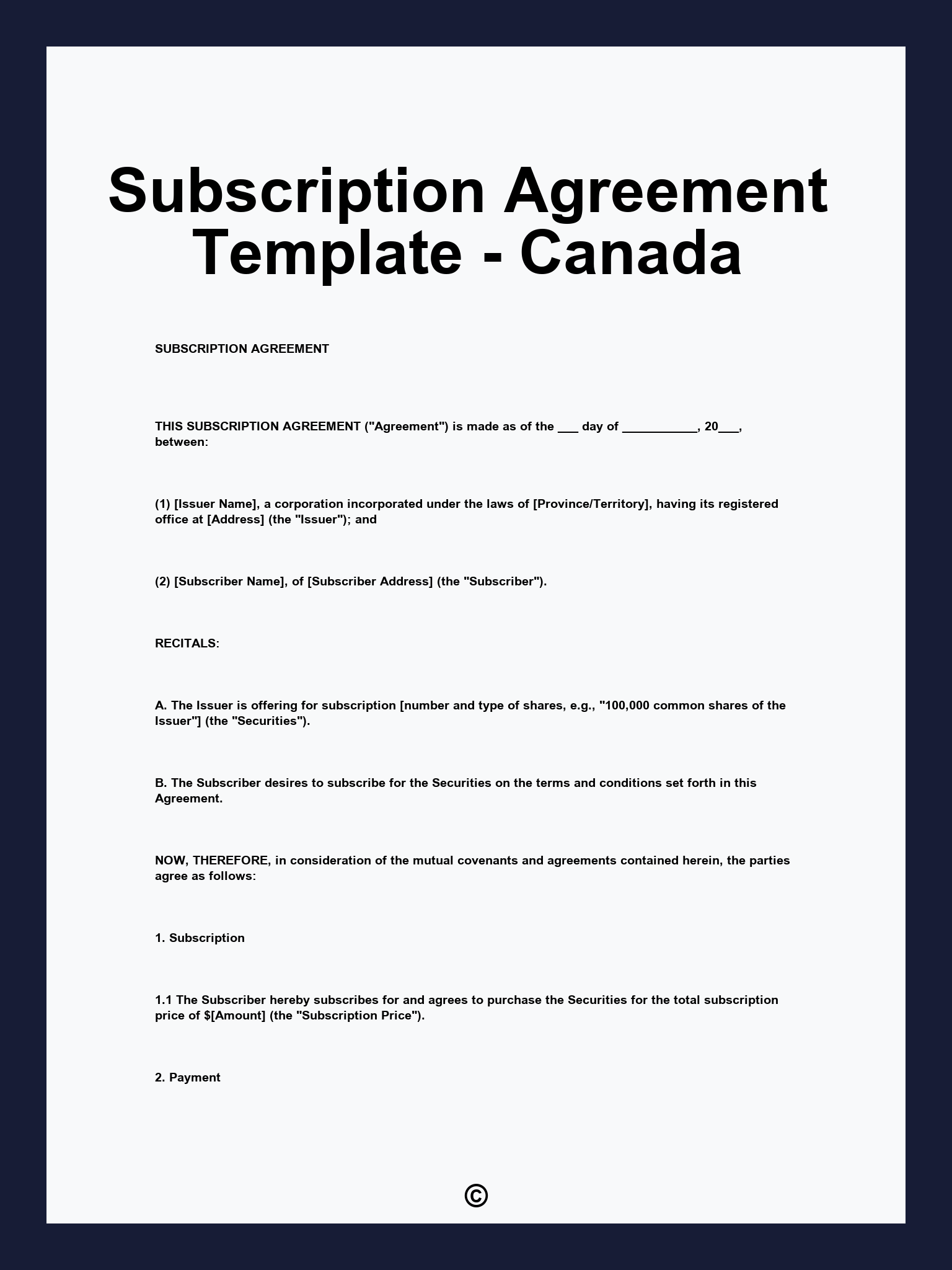 Subscription Agreement Template - Canada
