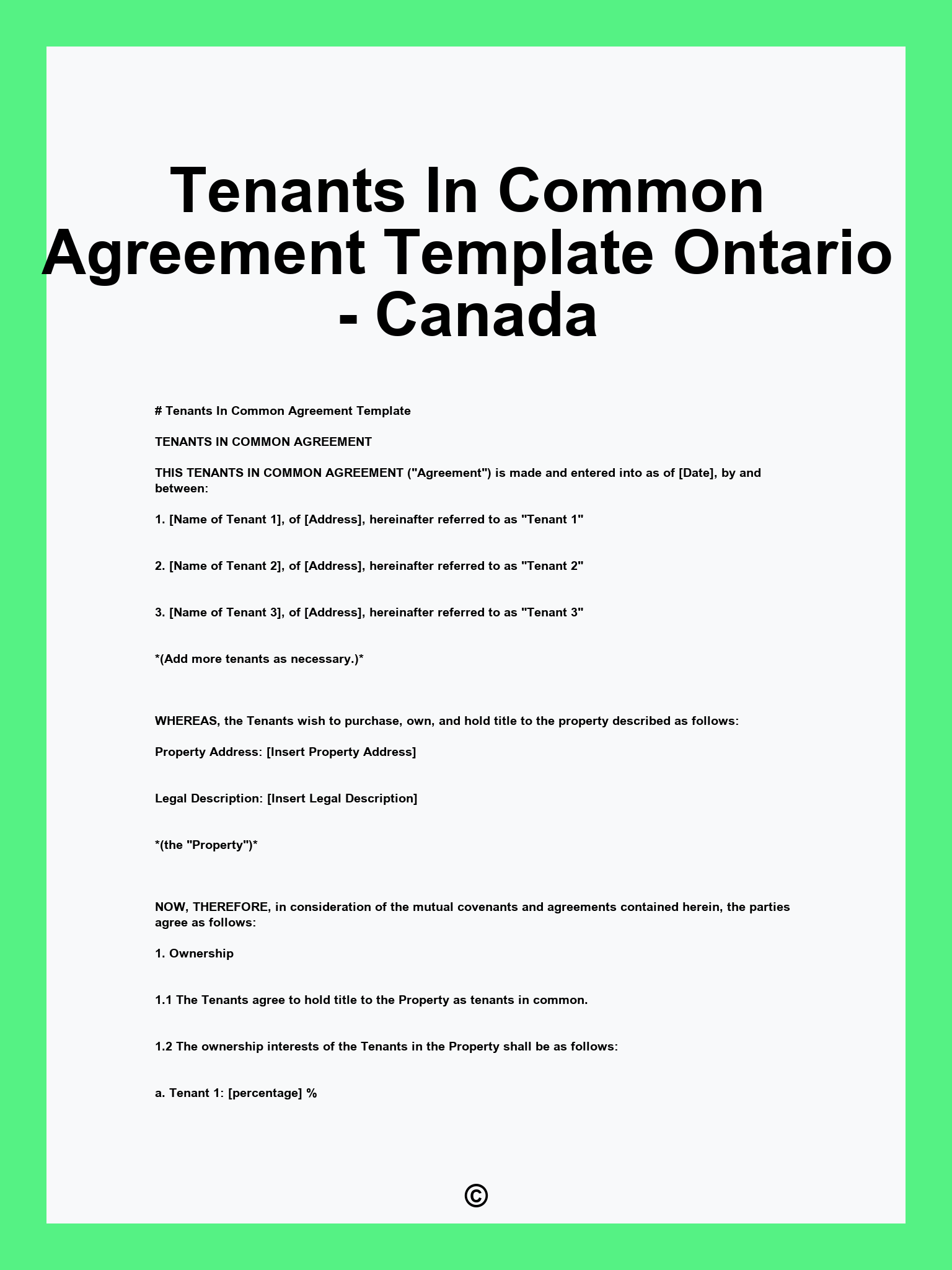 Tenants In Common Agreement Template Ontario - Canada