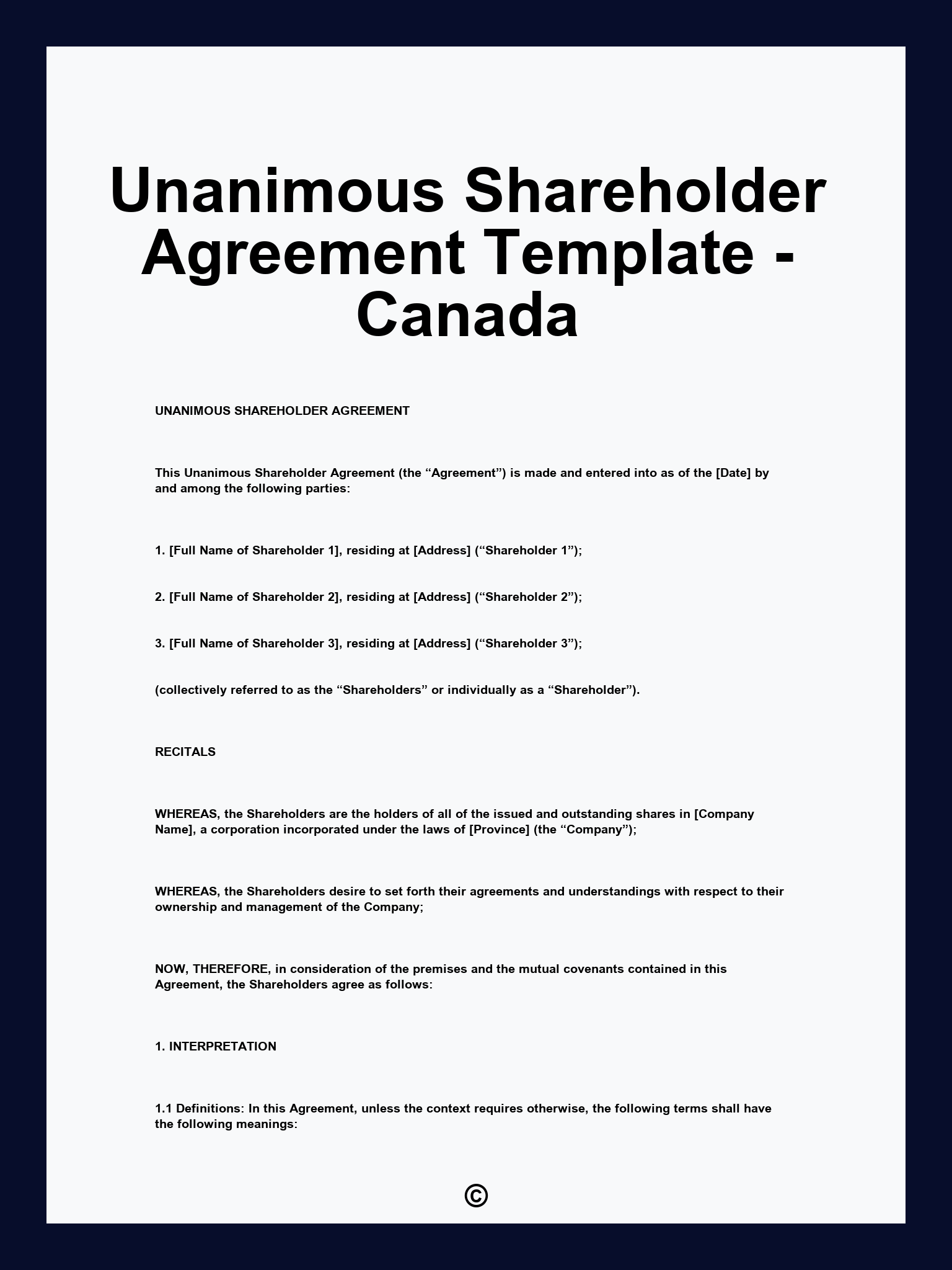 Unanimous Shareholder Agreement Template - Canada