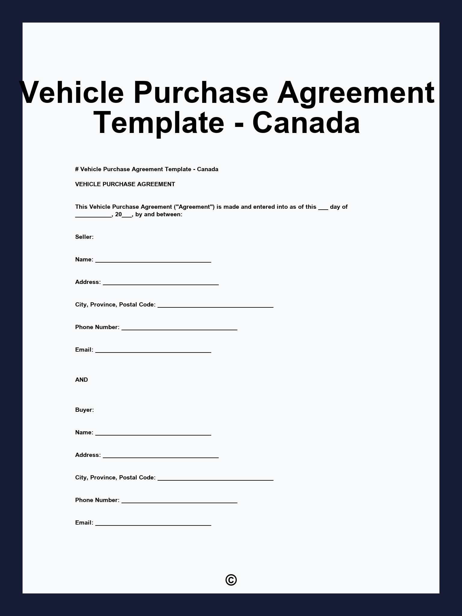 Vehicle Purchase Agreement Template - Canada