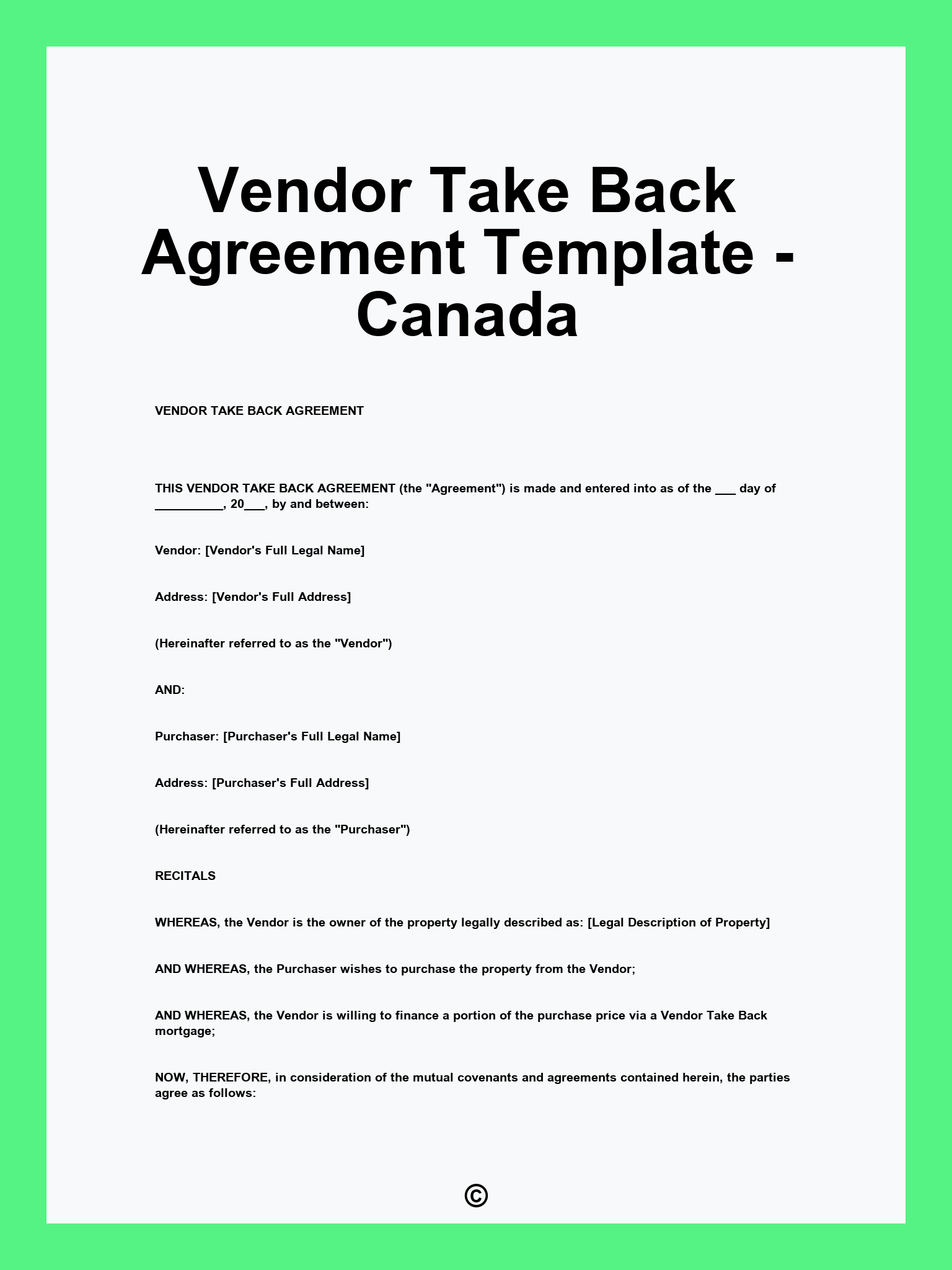 Vendor Take Back Agreement Template - Canada