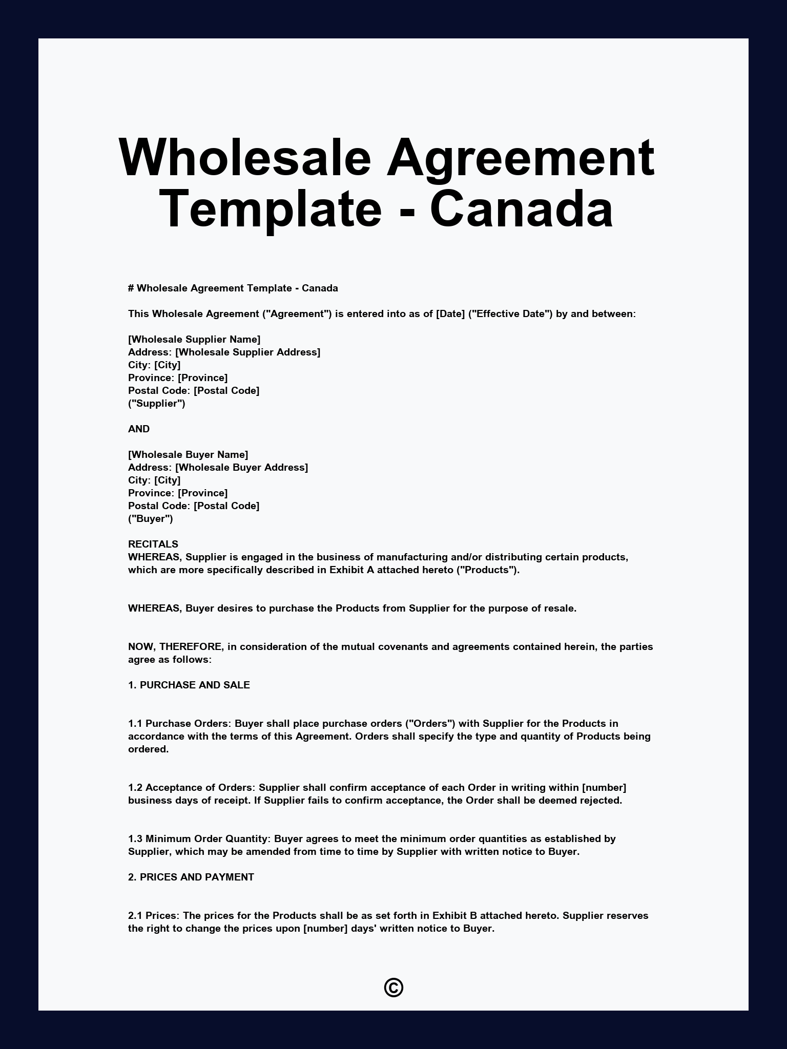 Wholesale Agreement Template - Canada